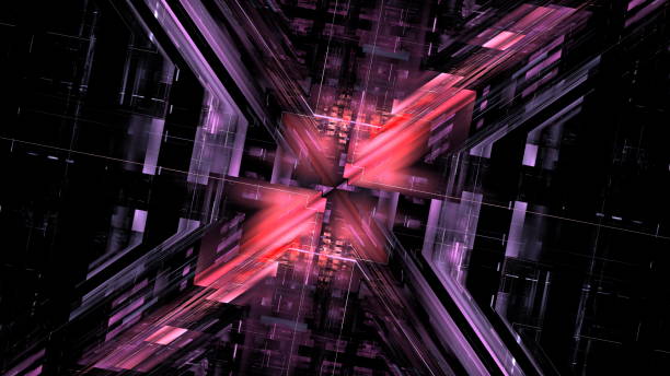 Dynamic patterns of red and purple intersecting in a complex geometric design create a striking visual effect in an abstract, futuristic environment. 3d render