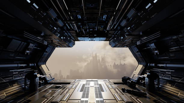 Interior of a spaceship with a view of a distant city through a large window. 3d render