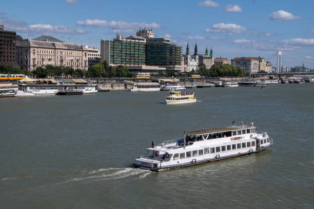 Budapest, Hungary - August 03, 2024: Boat sailing on the Danube river and view of the city