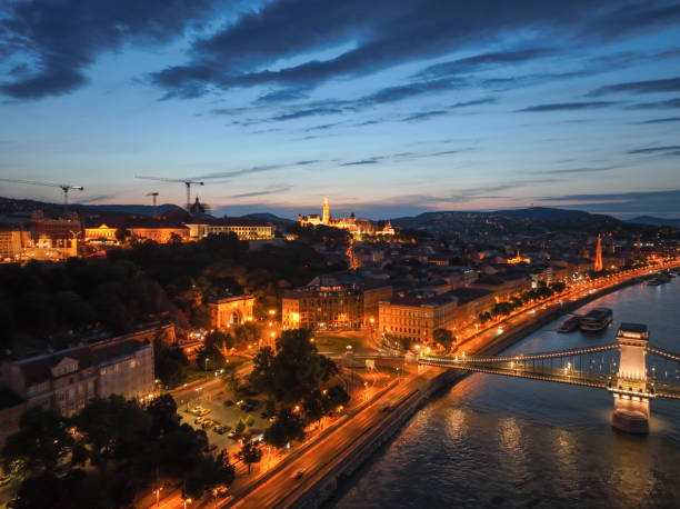 Budapest Hungary aerial view sunset night Szechenyi Chain Bridge