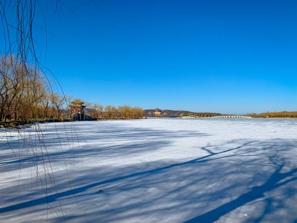 A tranquil winter scene of the frozen Kunming Lake at the Summer Palace in Beijing, China. The vast expanse of the frozen lake stretches towards the distant Seventeen-Arch Bridge and an ancient pavilion nestled among the trees. The clear blue sky and long shadows cast by the bare trees add to the peaceful and serene atmosphere of this historic site.