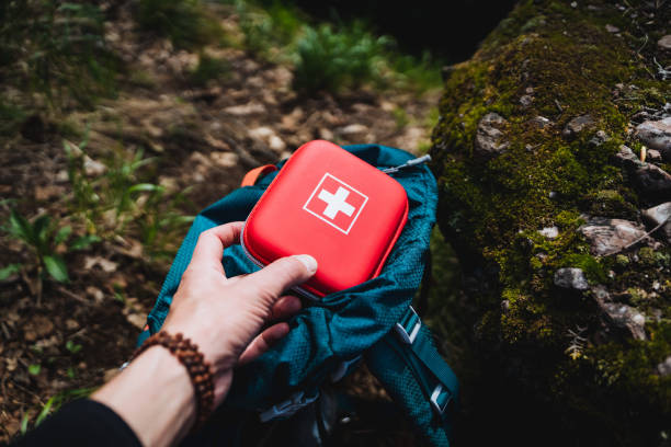 istock A person is holding a first aid kit in front of a backpack 2167432408