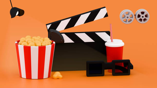 istock Movie cinema concept with popcorn bowl clapper drink Minimal three-dimensional 3D render illustration 2167438298
