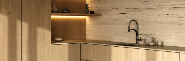 istock Minimalist kitchen corner with warm wood tones and modern aesthetics, 3d rendering 2167444023