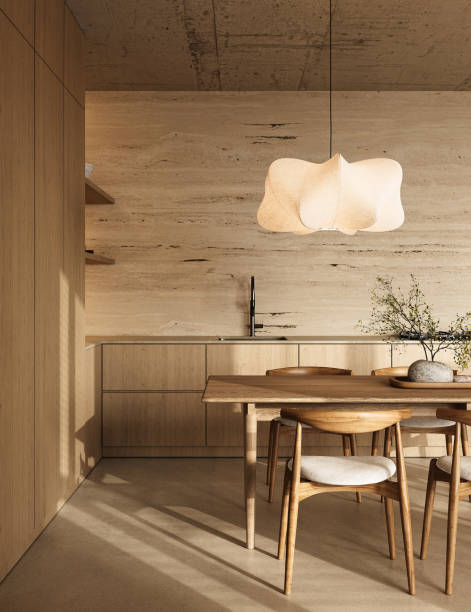 istock Scandinavian style dining room with organic decor and sunlight, 3d rendering 2167444236