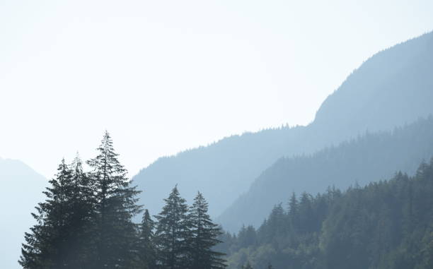 Atmospheric haze on a summer morning in the Fraser Valley Regional District, British Columbia. View from Trans-Canada Highway of the Cascade Range.