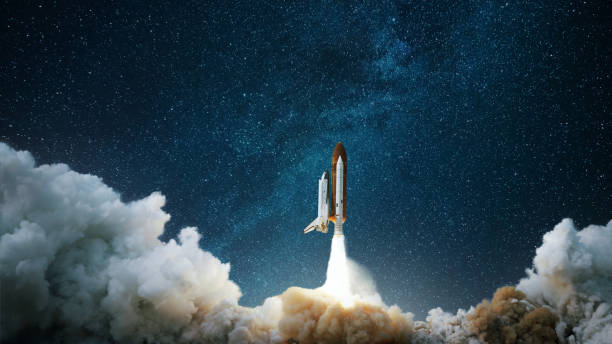istock Spaceship takes off into the starry sky. Rocket starts into space. Concept 2167450085