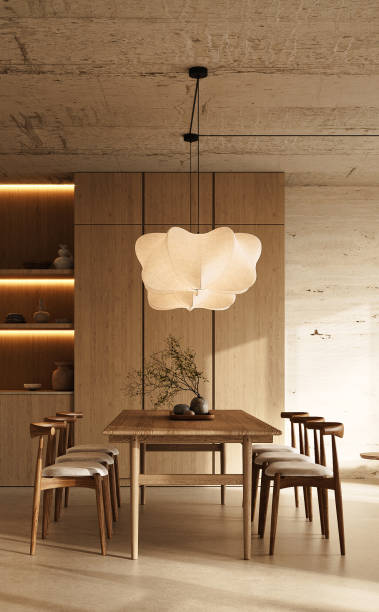 Warmly lit dining room with organic materials and modern lamp, 3d rendering