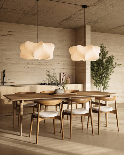 istock Minimalist kitchen dining area with natural wood and elegant lighting, 3d rendering 2167451236