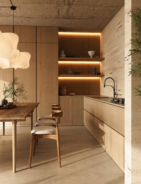 istock Modern kitchen dining area illuminated by creative lighting fixtures, 3d rendering 2167451399