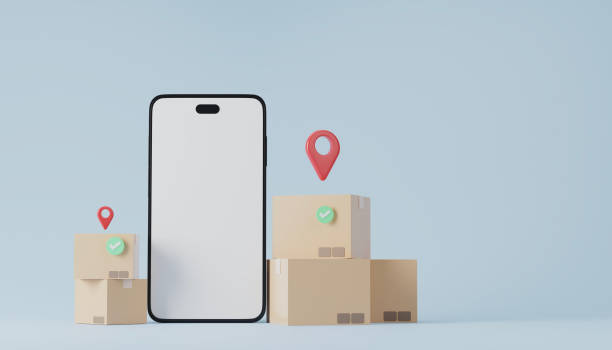istock smartphone, boxes, location pin point on blue background, online delivery caoncept, 3d rendering. 2167453921