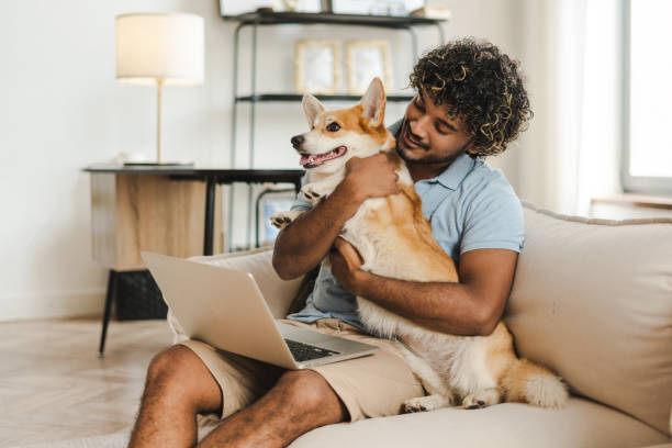istock Freelancer, Indian man embracing his corgi while working from home on laptop 2167466871