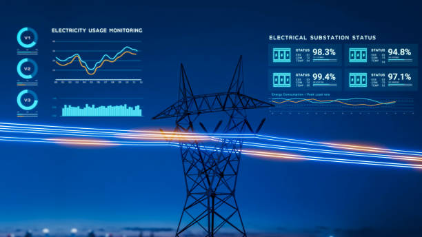istock Electric transmission tower with glowing electricity flowing, electrical power transmit from high voltage substation infrastructure to city, energy usage monitoring dashboard interface 3d rendering 2167474520