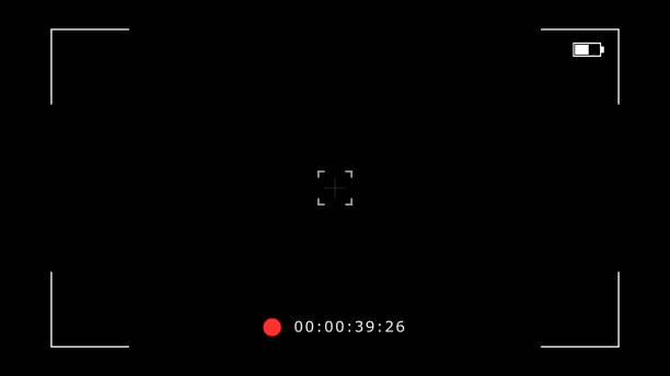 istock Camera recording screen overlay on black background, mirrorless cam viewfinder frame animation template, digital video recorder user interface display with setting and time data for production design 2167474600