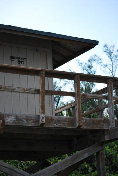 istock Wooden Lifeguard Tower with Emergency Sign 2167477767
