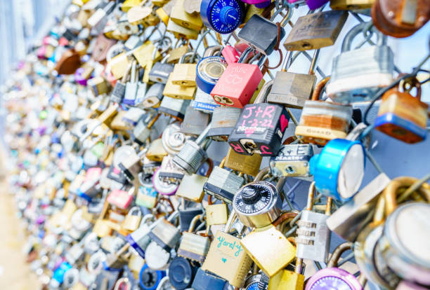 Cincinnati, Ohio, July 30, 2022: Traditional engagement locks on the Purple People Bridge in Cincinnati, Ohio