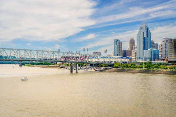 Cincinnati, Ohio, July 30, 2022: View of Cincinnati downtown and the Ohio River from Purple People Bridge