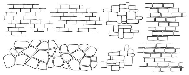 zestaw tekstur ścian z cegły i kamienia, rysunek liniowy w stylu doodle. - cegła obrazy stock illustrations