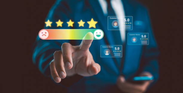 istock Hand touching and giving five yellow stars indicates the highest level of customer satisfaction and evaluation for a high-quality product and service. 2167492000