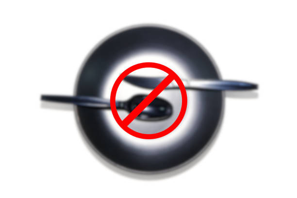 Empty plate with cutlery set blurry image alert or warning sign on foreground flat lay photography