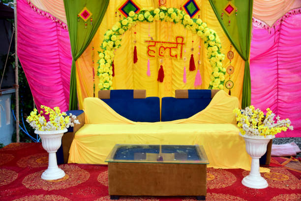 istock Decorative Turmeric(Haldi) Event Background in wedding 'with decorating flower. 2167495122
