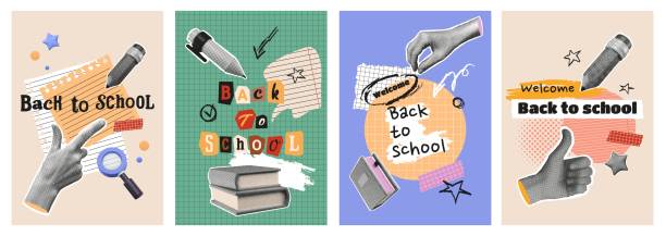 illustrazioni stock, clip art, cartoni animati e icone di tendenza di set di poster per il ritorno a scuola. - immagine composita