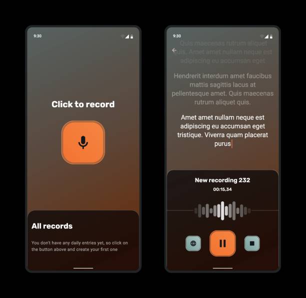 istock Illustration of app screens for voice recording and conversion to text,  orange, black 2167503664