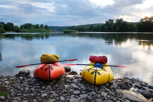 istock Orange and yellow packrafts rubber boats 2167504480