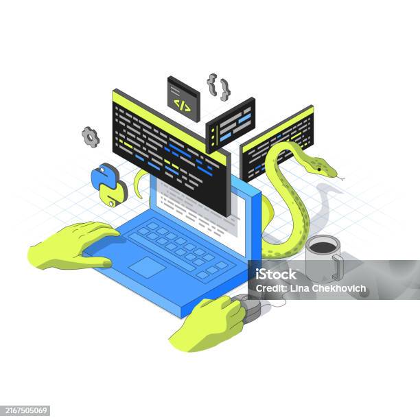 Concept Of Computer Programming With Human Hands In Isometric Style A ...