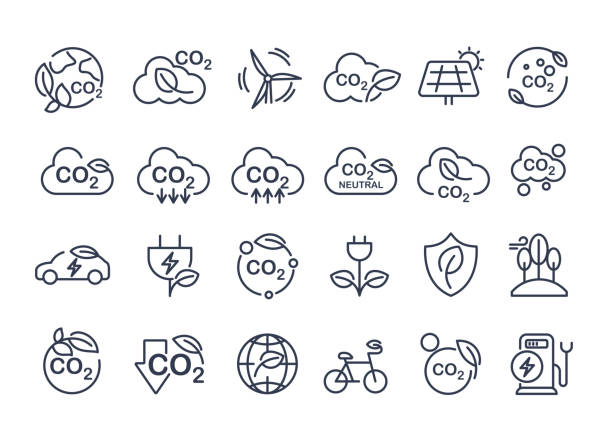 Co2, carbon line icons. contains such icons as tree planting, net zero, and reduced carbon dioxide. sustainable development. concepts and renewable energy businesses. vector design.
