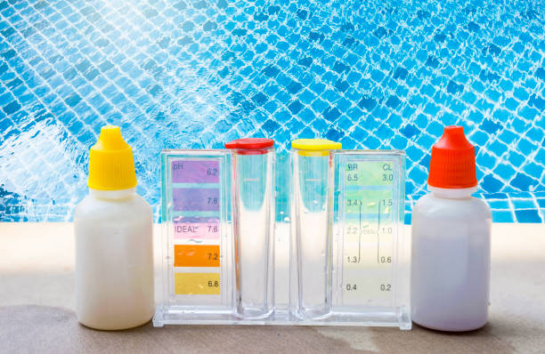 istock Water testing test kit with white umbrella with space on clear swimming pool water background 2167507927