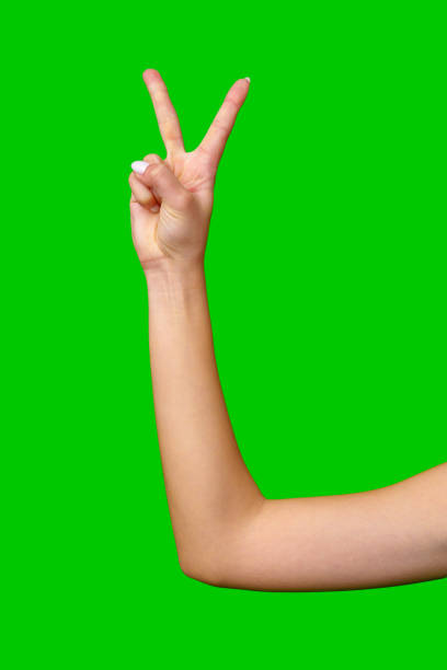 istock Woman's Hand Making Peace Sign Against Green Screen 2167509721
