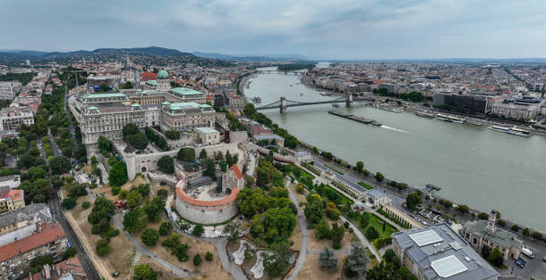 Budapest Hungary aerial view sunset Szechenyi Chain Bridge