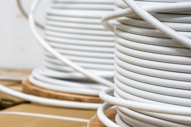 Coaxial cable drums for tv network installation, close-up view