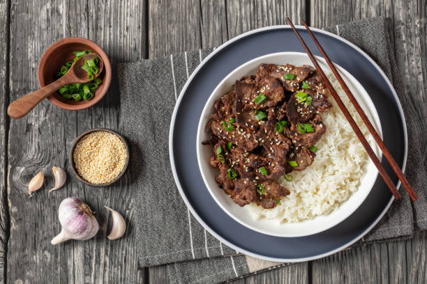 istock Bulgogi, Korean BBQ Beef with rice, top view 2167515134