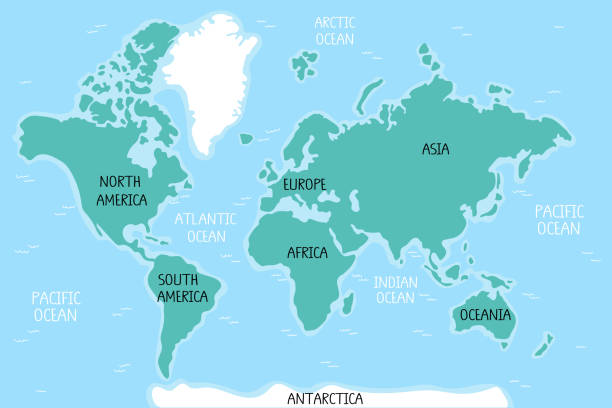 An illustration of cartoon educational world map for children. Banner and poster for nursery. America, Europe, Asia, Africa, Oceania, Antarctica. An illustration of cartoon educational world map for children. Banner and poster for nursery. America, Europe, Asia, Africa, Oceania, Antarctica. Continents and oceans. houses in antarctica stock illustrations