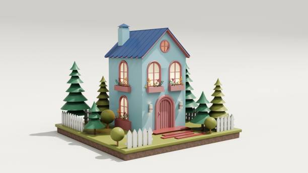 istock 3d render Cute cozy eco houses with bushes, tall trees. 2167517246