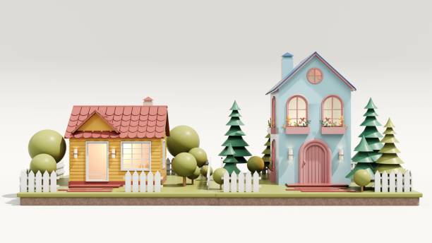 istock 3d render Cute cozy eco houses with bushes, tall trees. 2167517258
