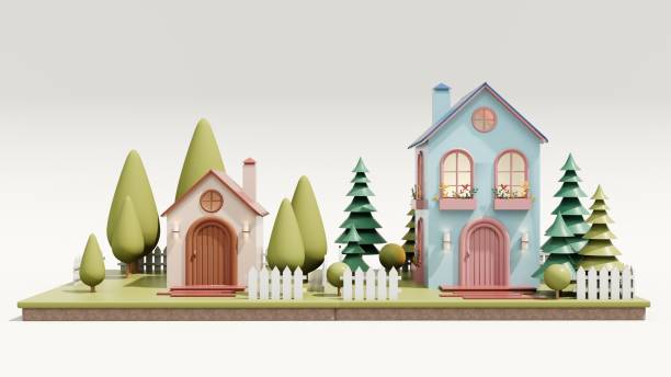 istock 3d render Cute cozy eco houses with bushes, tall trees. 2167517278