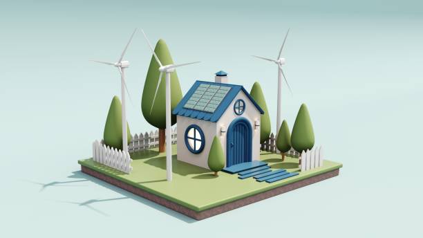 istock 3d render Cute cozy eco house with solar panels, wind turbines. 2167517299