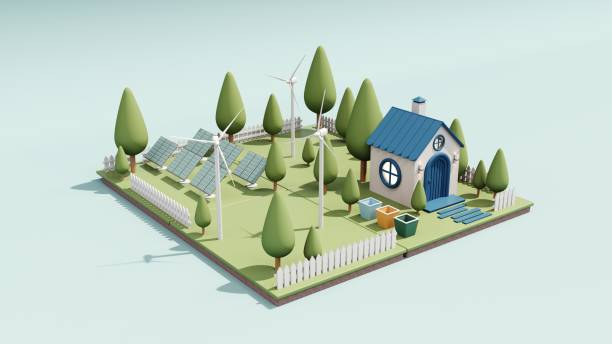 istock 3d render Cute cozy eco house with solar panels, wind turbines. 2167517300
