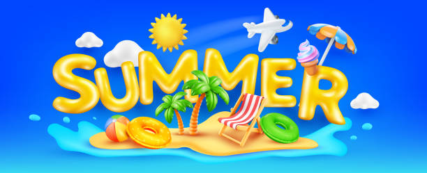 istock Vector summer illustration of word summer with palm tree and beach chair on sea beach background with air plane and umbrella. 3d style cartoon design of summer holidays. Time to vacation travel with sun and ice cream 2167518426
