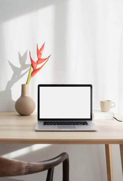istock Place of work. Laptop with blank empty screen mockup at home desk 2167519001