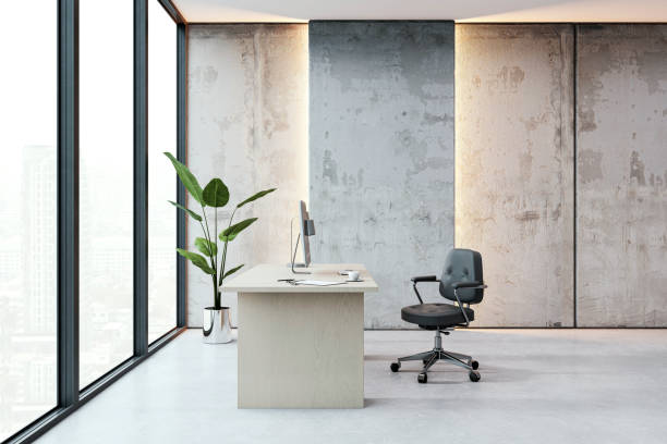 istock Modern office interior with a desk, chair, and large windows. 3D Rendering 2167525856