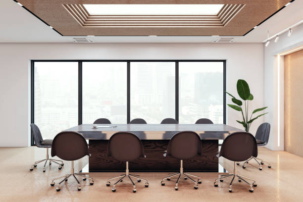 istock Modern conference room with city view and large table. 3D Rendering 2167525858