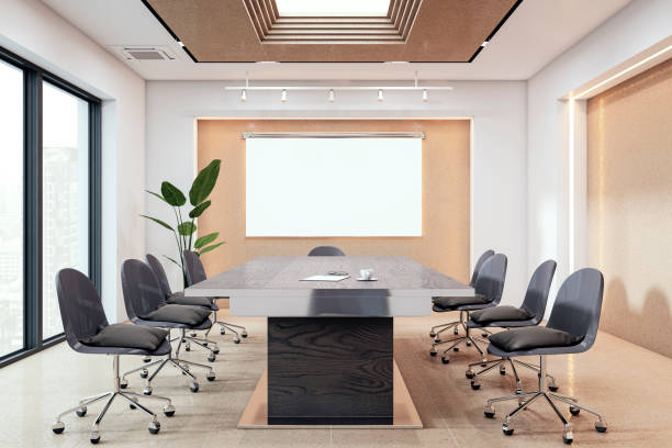 istock Modern conference room with large wooden table and chairs. 3D Rendering 2167525859
