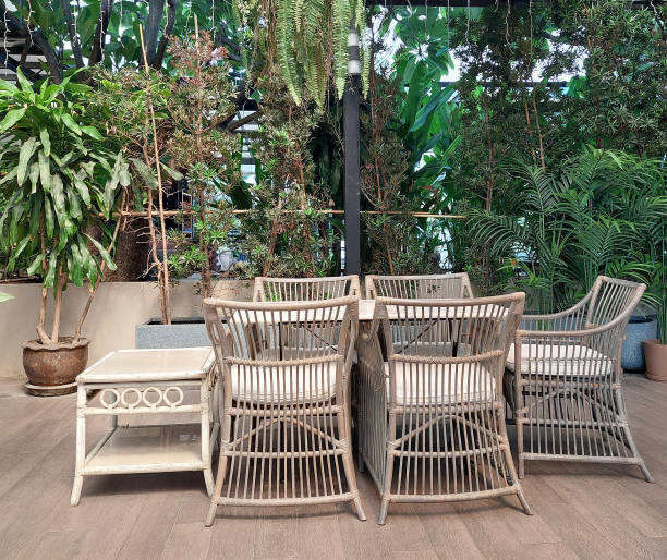 istock White wicker table and chair set in the backyard garden 2167525865