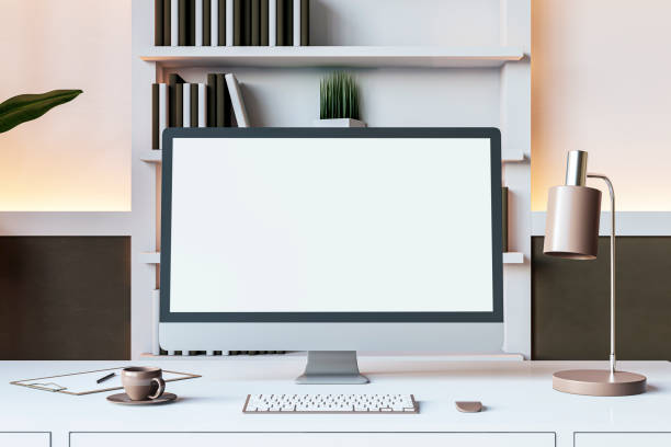 istock Modern desk with desktop computer and lamp in cozy home office. 3D Rendering 2167526123