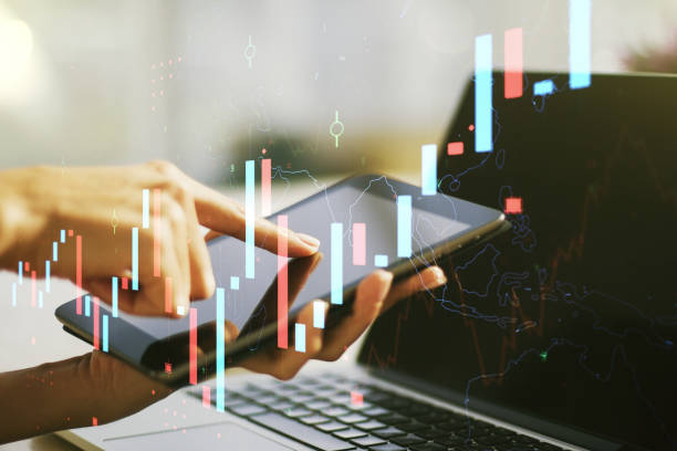istock Multi exposure of abstract creative financial chart with finger presses on a digital tablet on background, research and analytics concept 2167526759