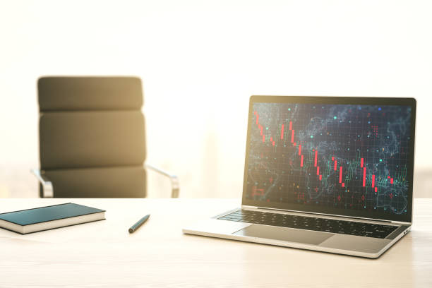 istock Modern computer monitor with creative abstract global crisis chart with world map hologram. Financial crisis and recession concept. 3D Rendering 2167526792